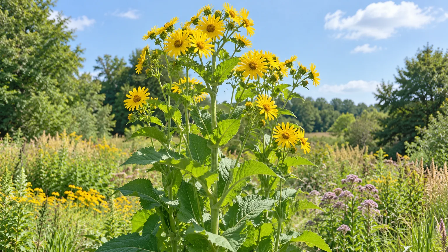 Mature cup plant with yellow flowers and joined leaves in a sunny native garden