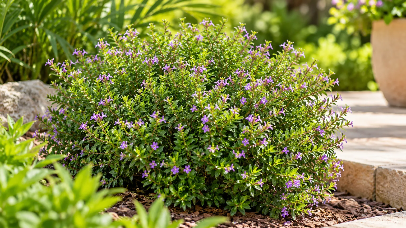 Cuphea hyssopifolia with lavender flowers in a sunny garden bed