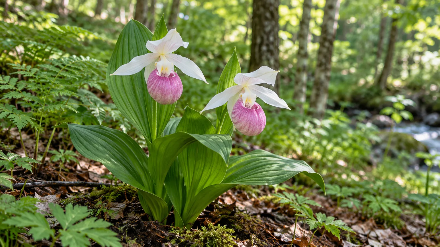 Healthy Cypripedium reginae with white petals and pink slipper-shaped flowers in dappled woodland shade