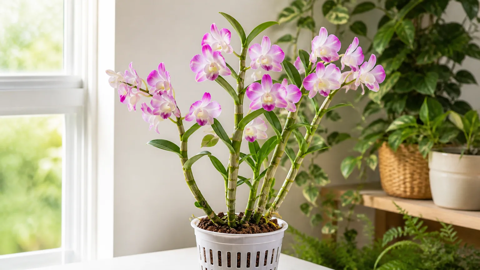 Healthy pink-and-white Dendrobium orchid with cane-like pseudobulbs in bright filtered light