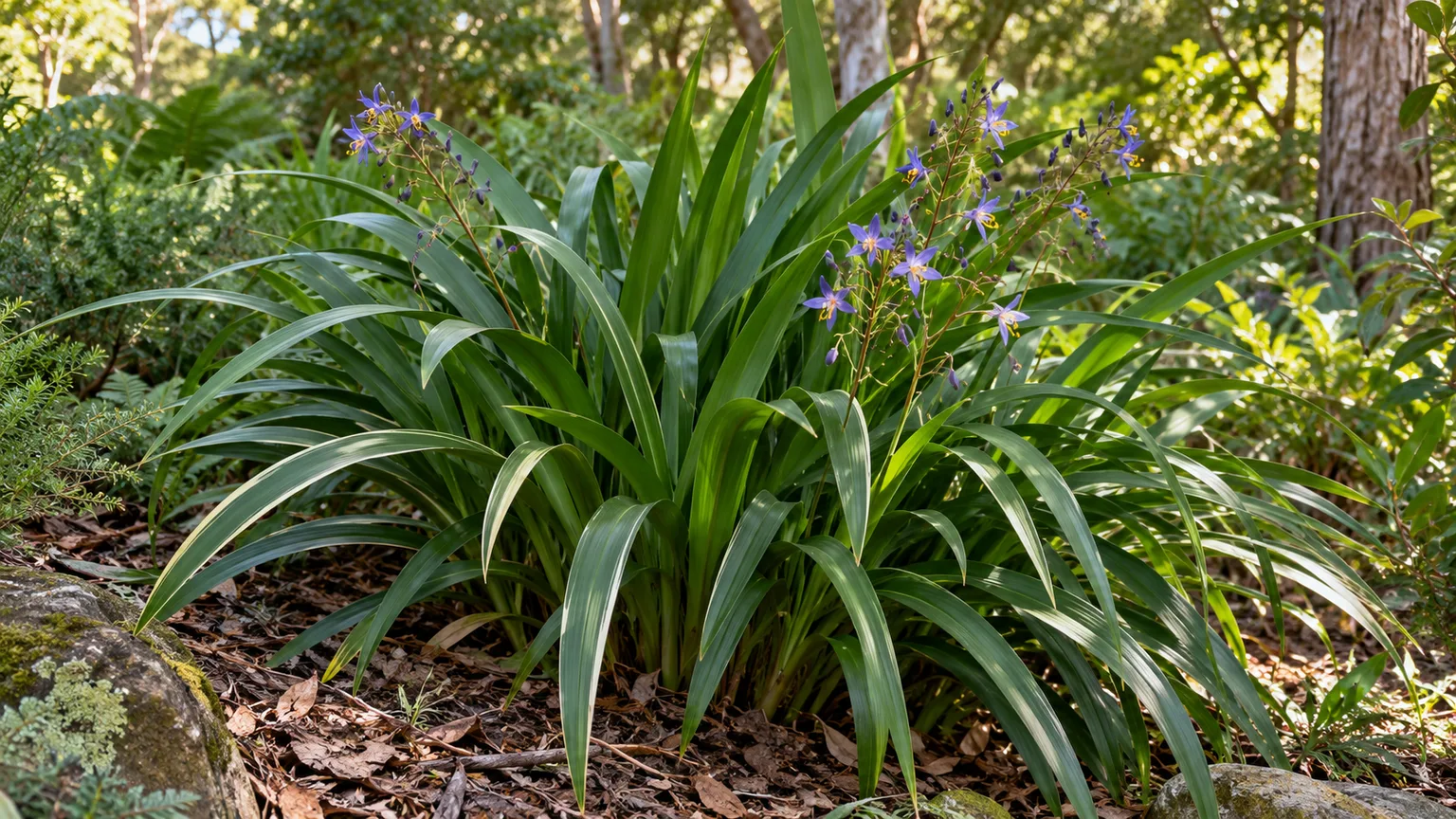 Healthy Tasman flax lily with arching strap leaves and blue-violet flowers in dappled shade