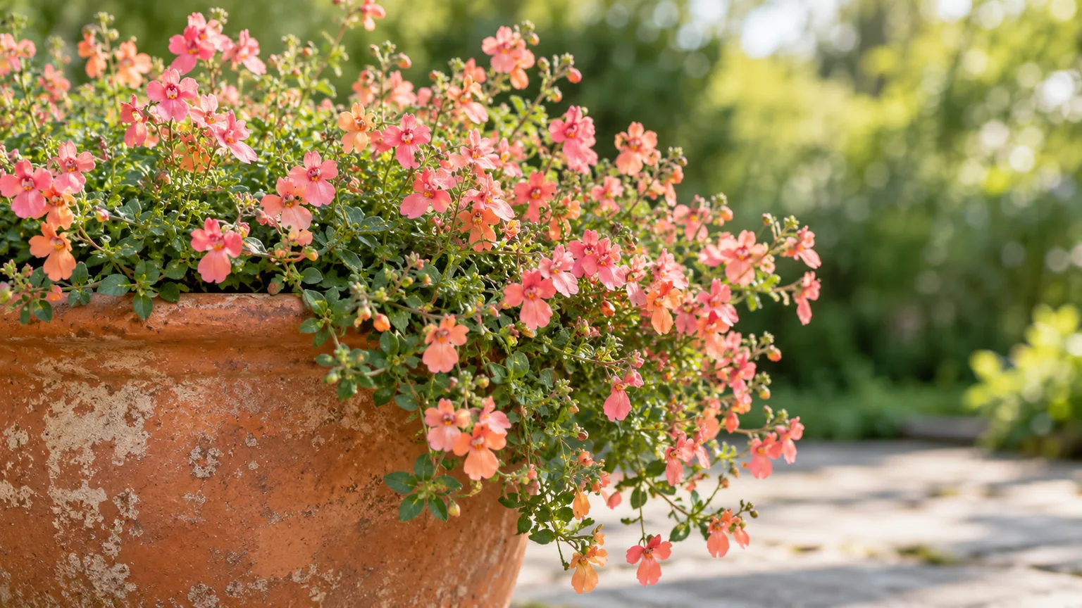 Diascia with coral and apricot flowers in a patio planter