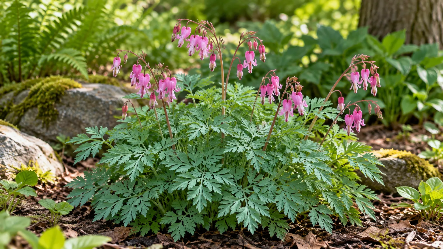 Pink Dicentra eximia flowers above ferny foliage in shade