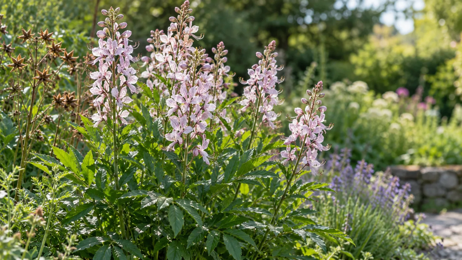 Gas plant with upright pale pink flowers and star-shaped seed capsules in a sunny garden