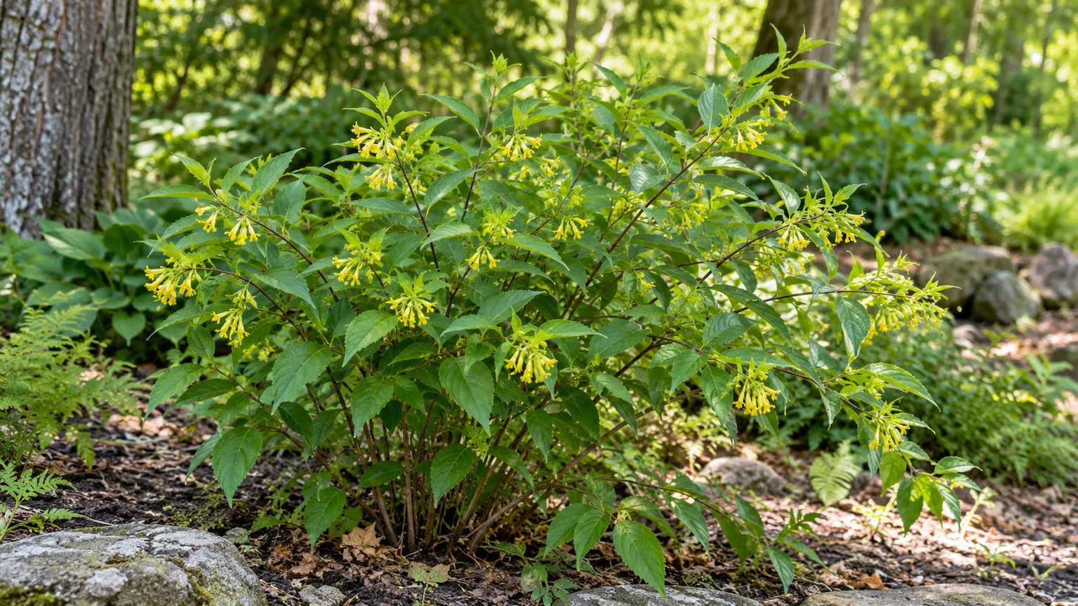 Northern bush honeysuckle, a compact native shrub with yellow tubular flowers in a woodland garden