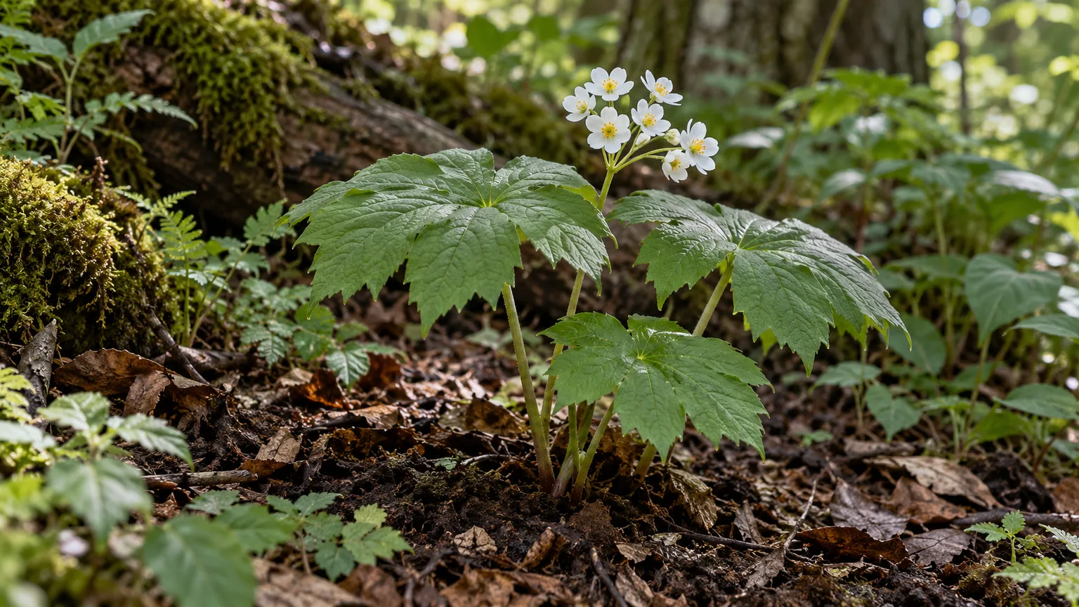 Healthy skeleton flower with umbrella-like leaves and white blossoms in woodland shade