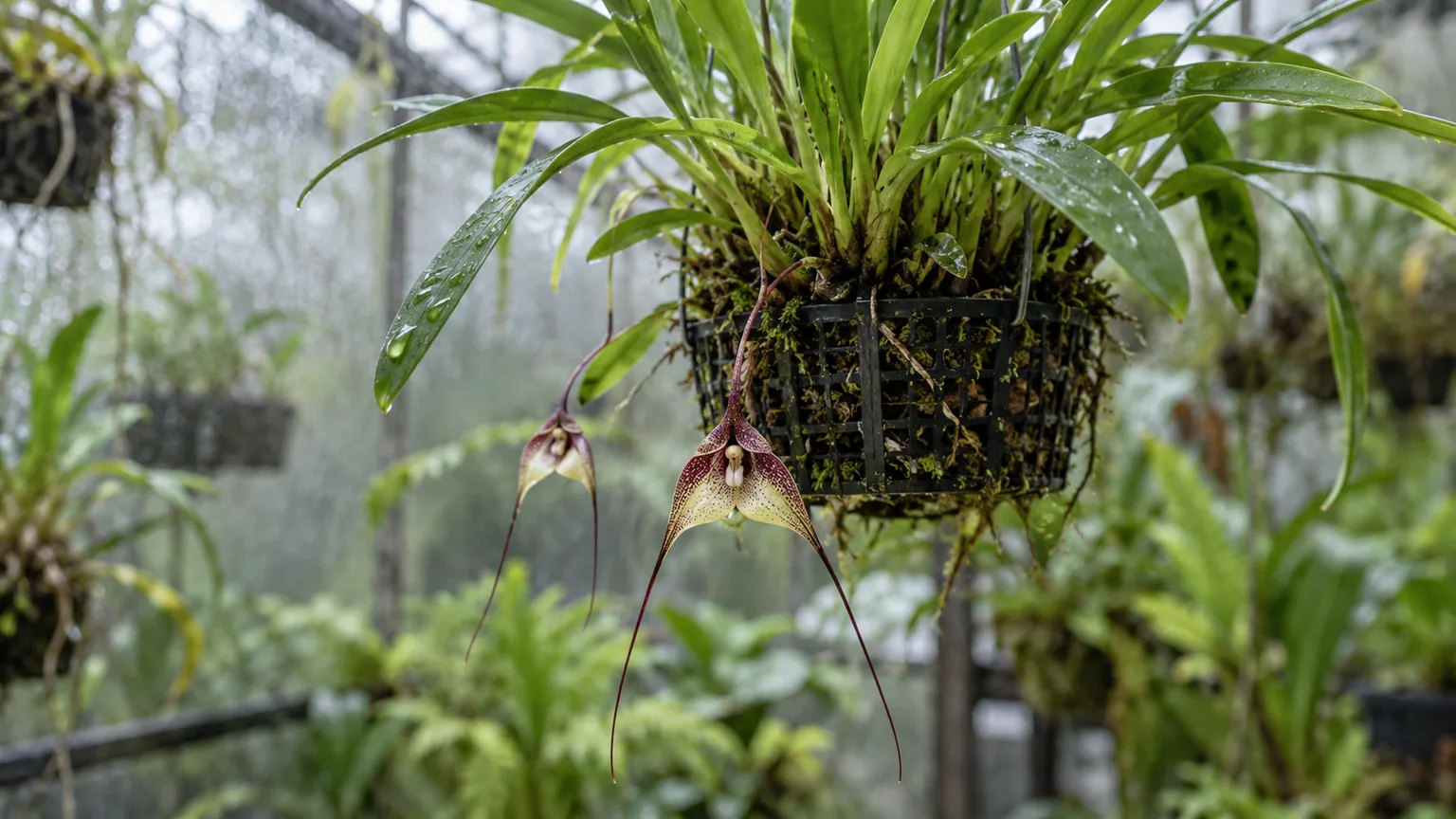 Healthy Dracula orchid with a pendant, long-tailed flower in a shaded greenhouse
