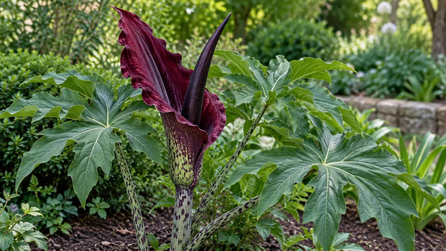 Healthy dragon lily with a deep maroon spathe, dark spadix, and mottled stems