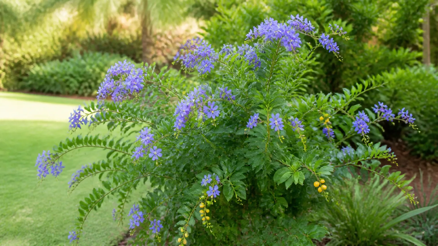 Healthy duranta shrub with violet flowers and golden dewdrops