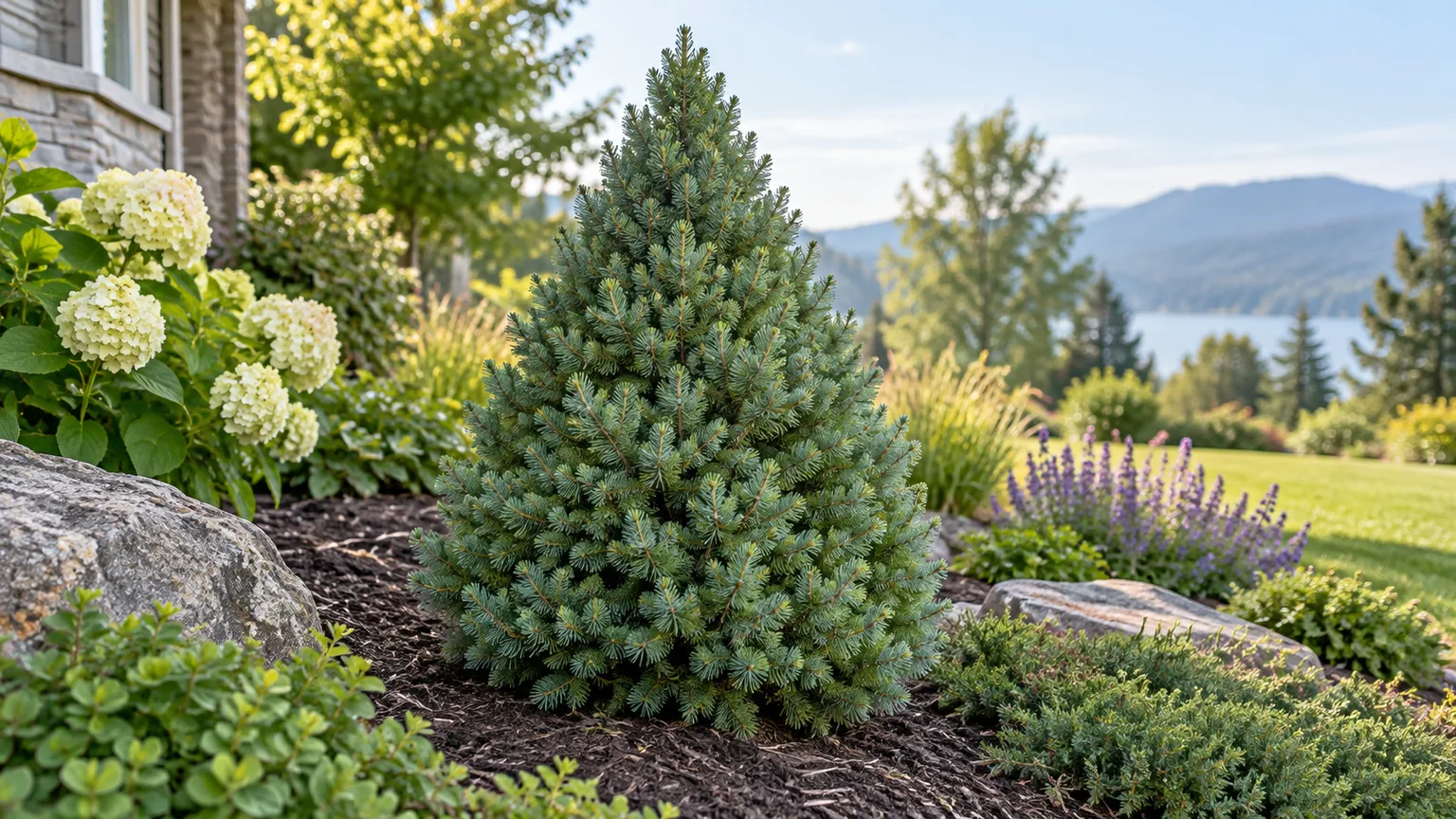 Healthy dwarf Alberta spruce in an open garden bed