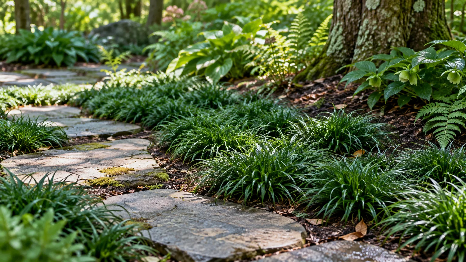 Low, dark-green dwarf mondo grass forms compact tufts beside a shaded stone path