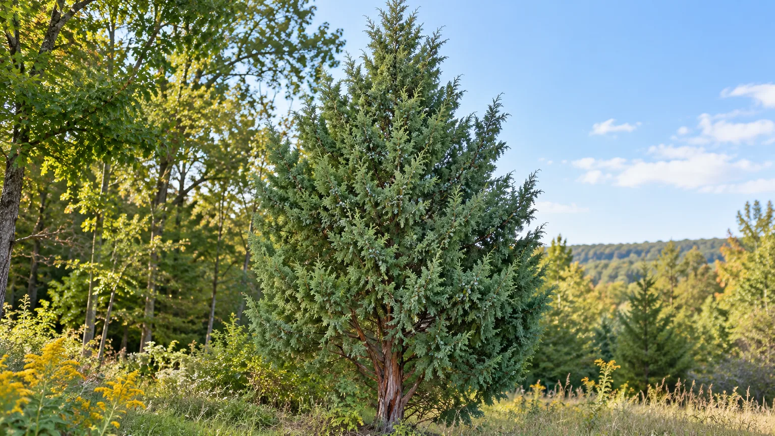 Mature eastern red cedar with blue-green foliage and reddish bark in a sunny landscape