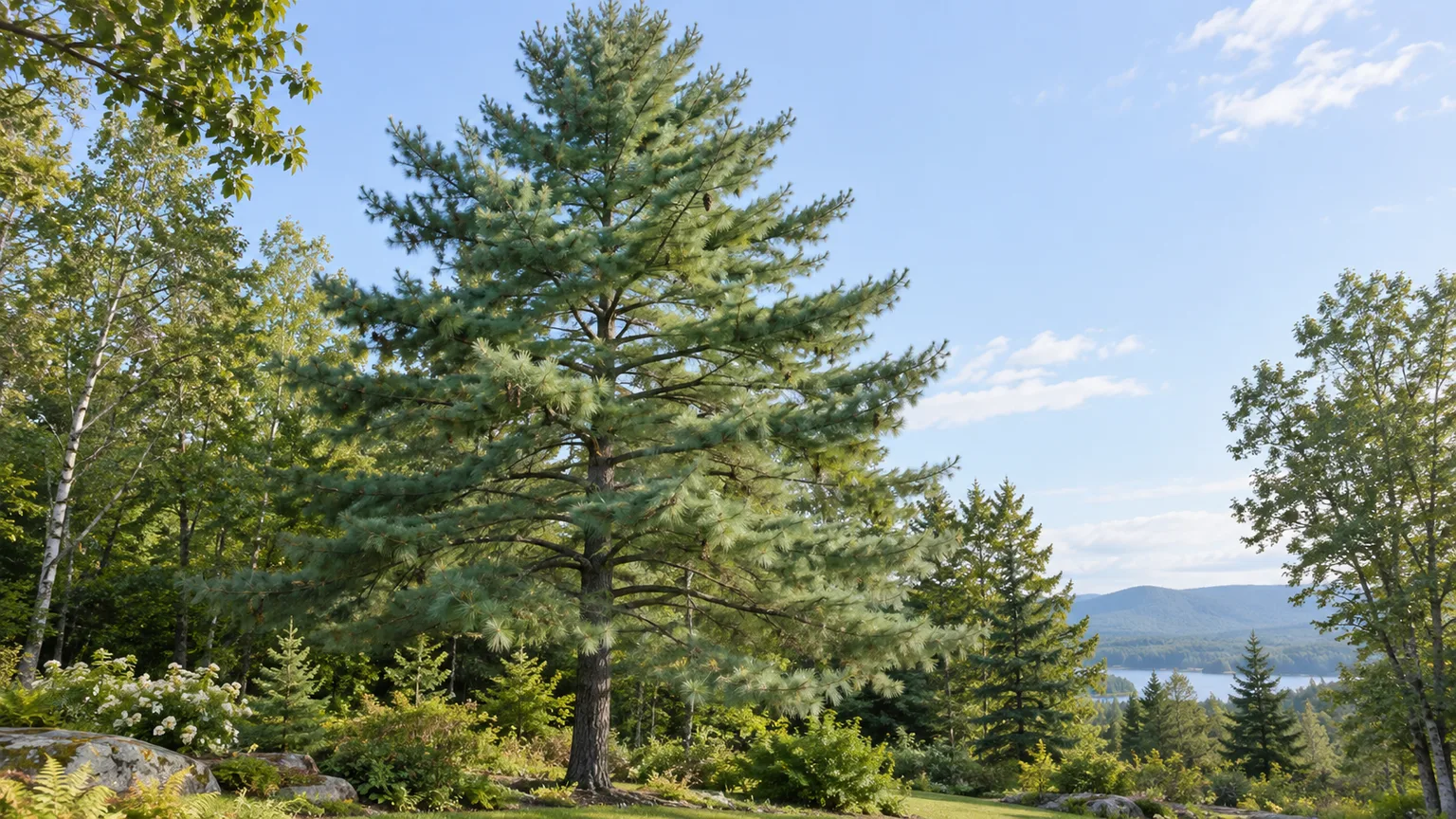 Healthy eastern white pine with soft bluish-green foliage in a woodland-edge landscape