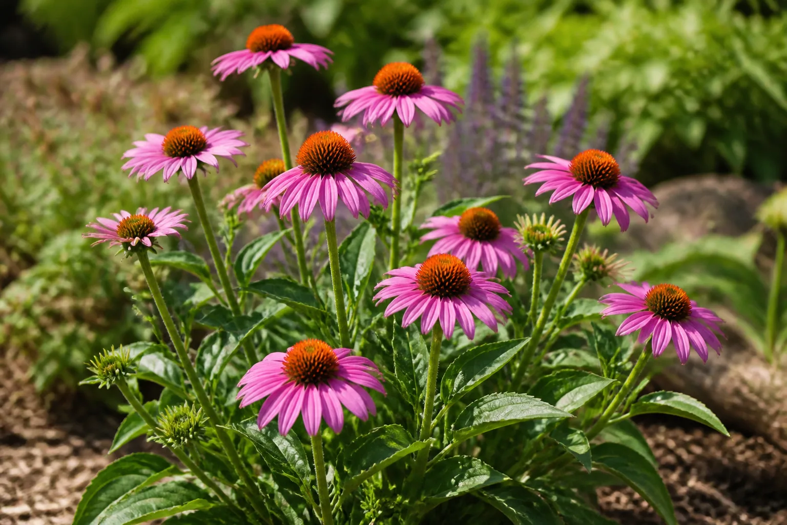 Purple coneflower with daisy-like petals and orange cone center in full sun