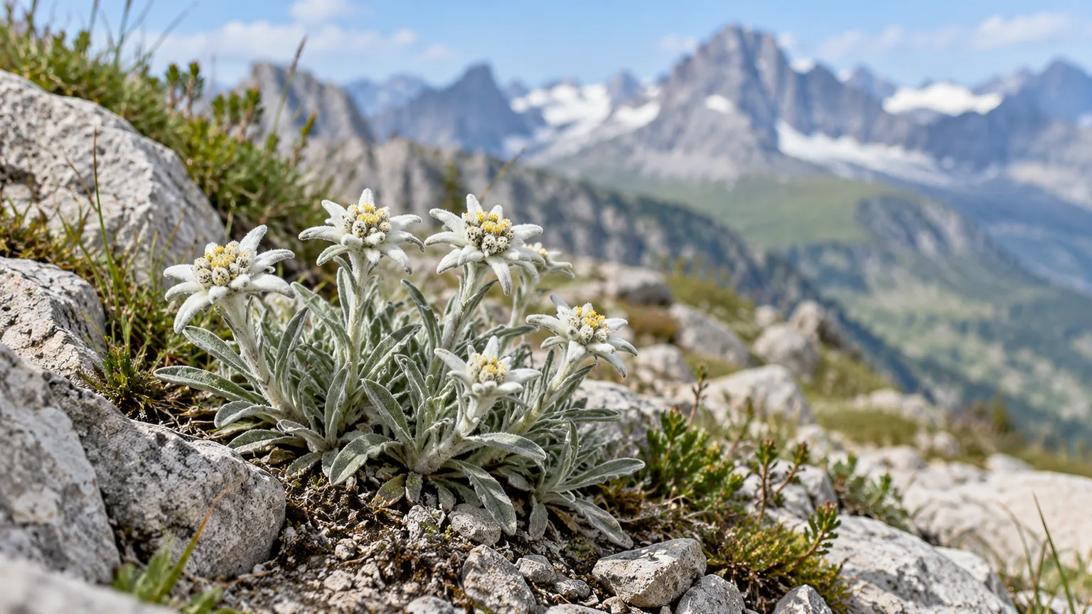 Edelweiss flowering among pale limestone rocks in a cool alpine garden
