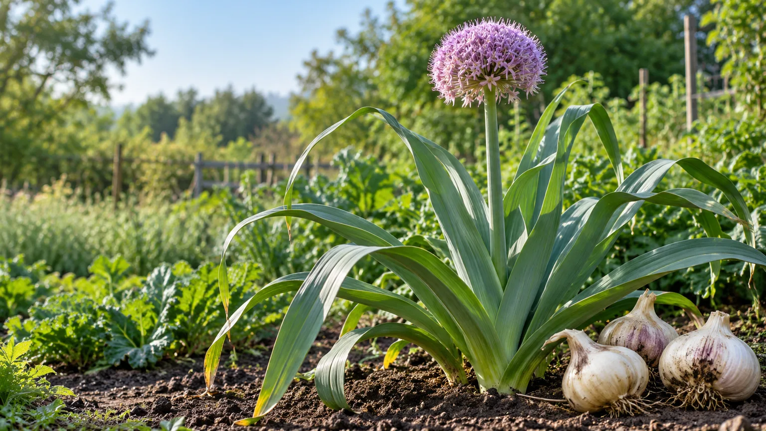 Mature elephant garlic plant with broad blue-green leaves and a purple flower head growing in a sunny garden