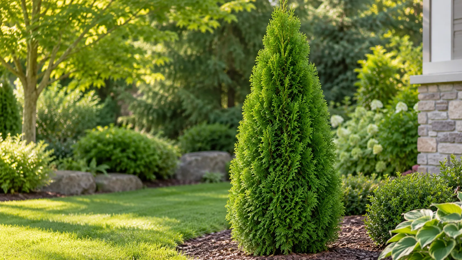 Healthy Emerald Green arborvitae with a narrow upright shape and dense green sprays.