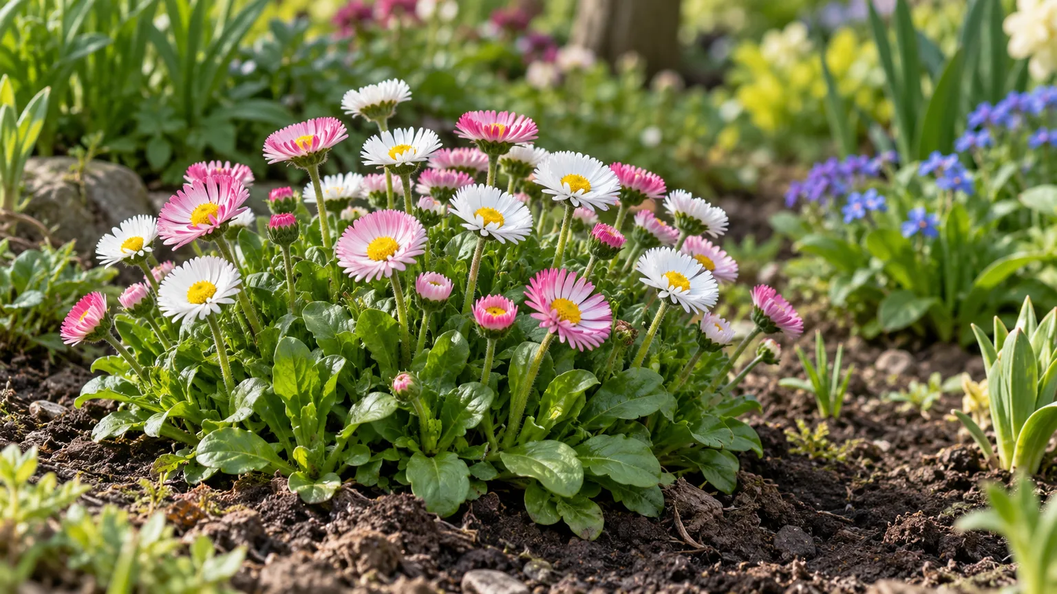 Healthy English daisies with compact green rosettes and white and pink spring flowers