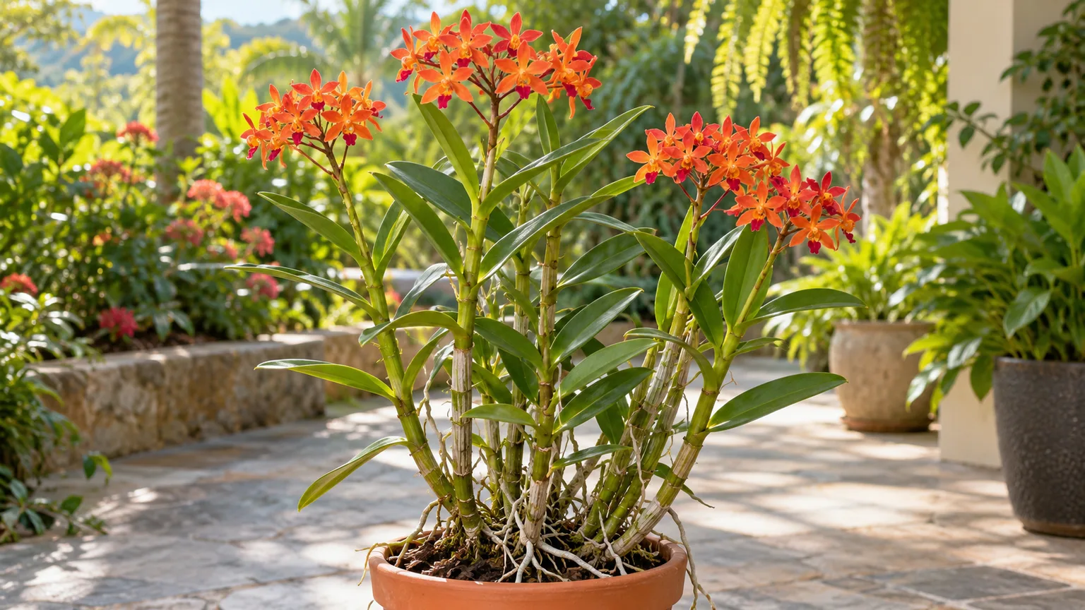 Healthy reed-stem Epidendrum orchid with orange flower clusters on a bright patio