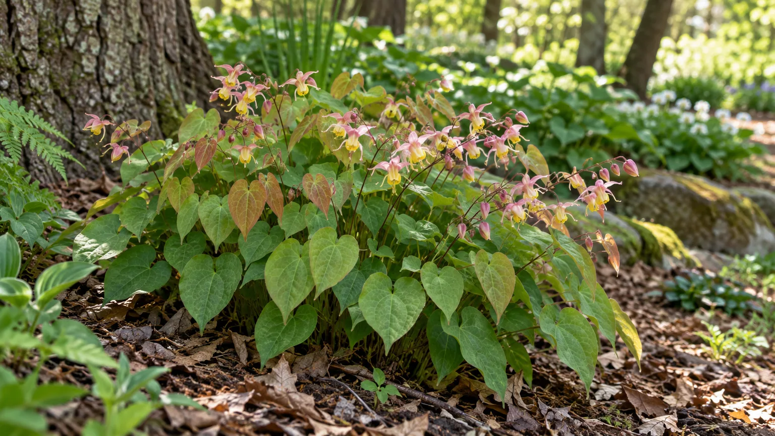 Epimedium blooming beneath a tree in a shaded woodland bed