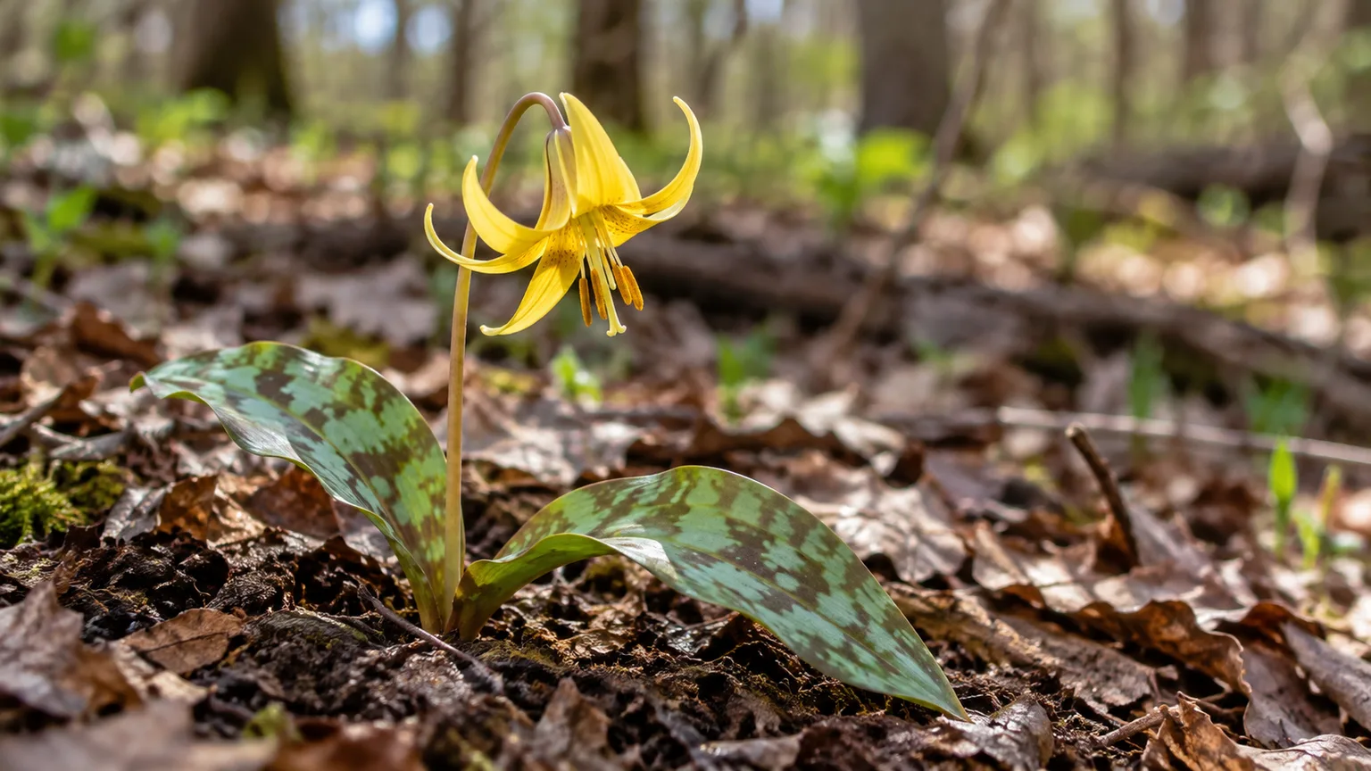 Yellow trout lily flowers and mottled leaves on a woodland floor