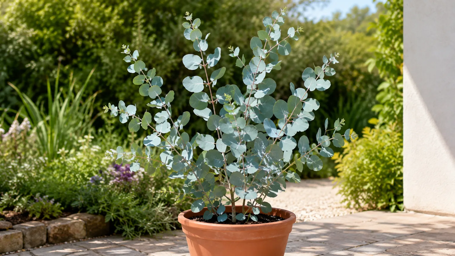 Healthy silver dollar eucalyptus with round blue-gray leaves in a terracotta pot