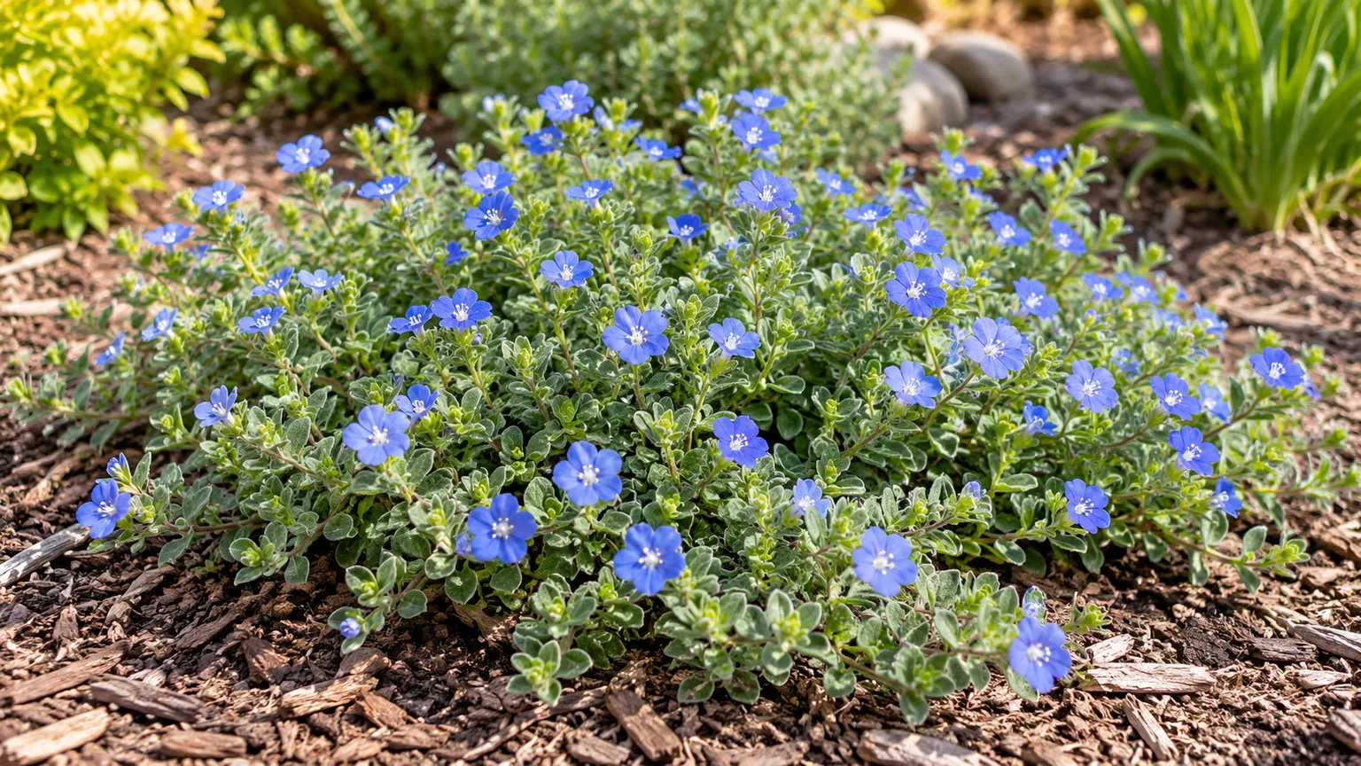 Healthy dwarf morning glory with clear blue flowers and fuzzy gray-green leaves