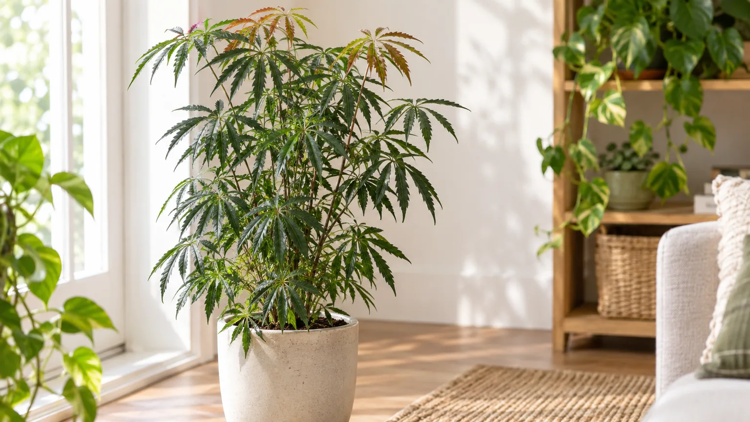 Healthy false aralia with narrow serrated leaves and fresh bronze growth.