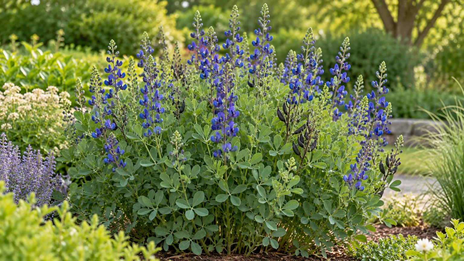 Healthy false indigo with indigo-blue flower spikes and blue-green foliage in a sunny garden border