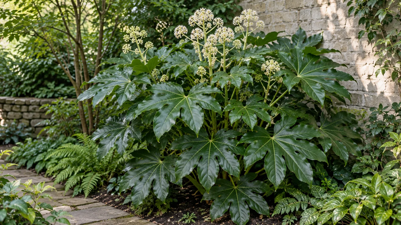 Healthy Japanese aralia with glossy palmate leaves in a sheltered shade garden