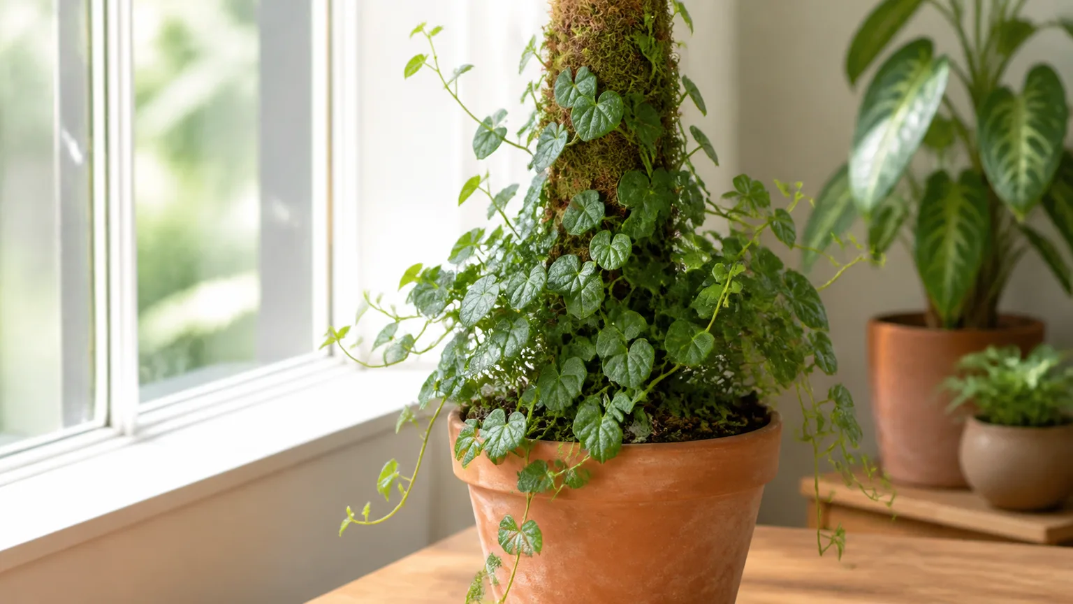 Healthy juvenile creeping fig climbing a moss-covered support in bright filtered indoor light