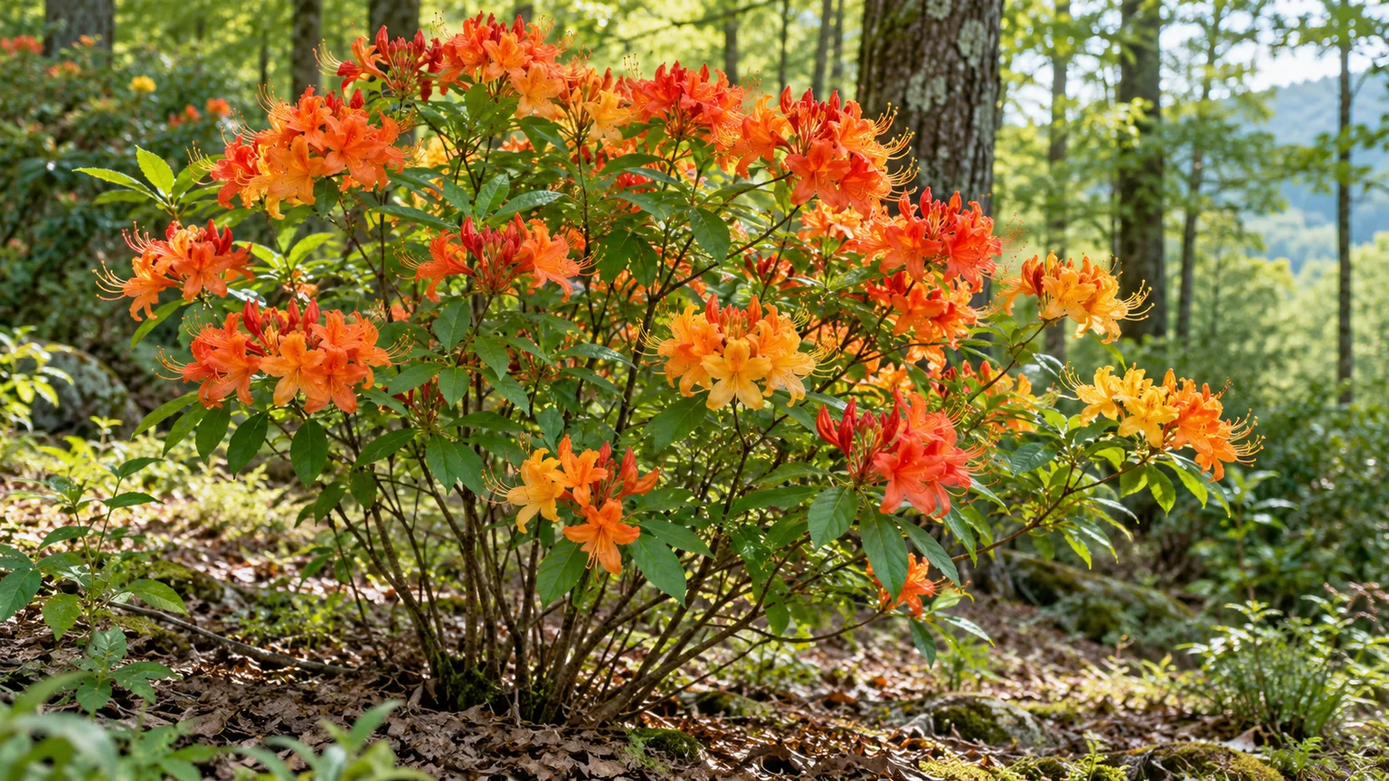 Flame azalea flowering with orange blooms on an Appalachian woodland edge