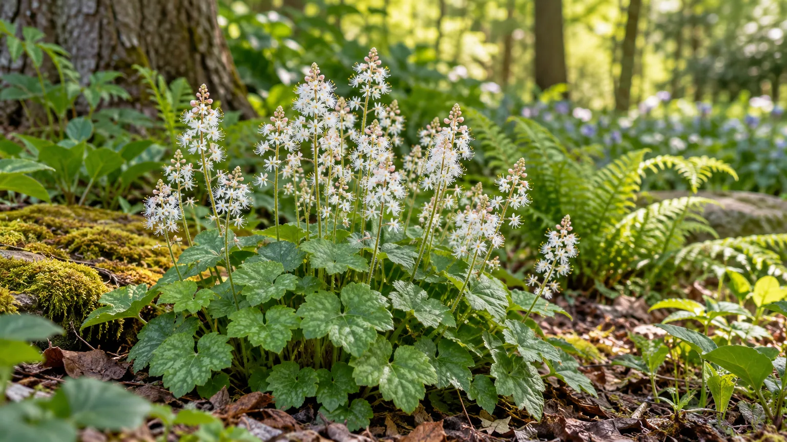 Healthy Foamflower (Tiarella cordifolia) blooming in a shaded woodland garden