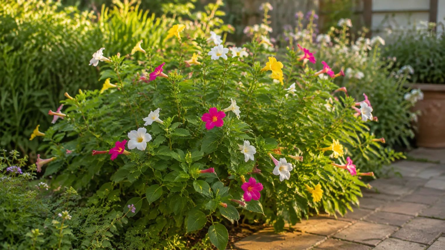 Healthy four o'clock plant with colorful evening flowers in a sunny garden