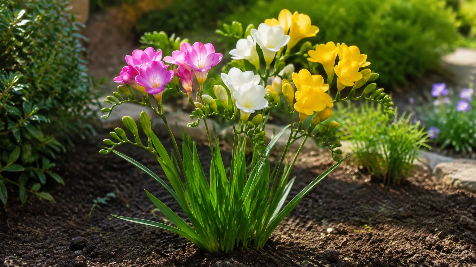 Healthy freesia with pink, white, and yellow flowers in a sunny garden bed