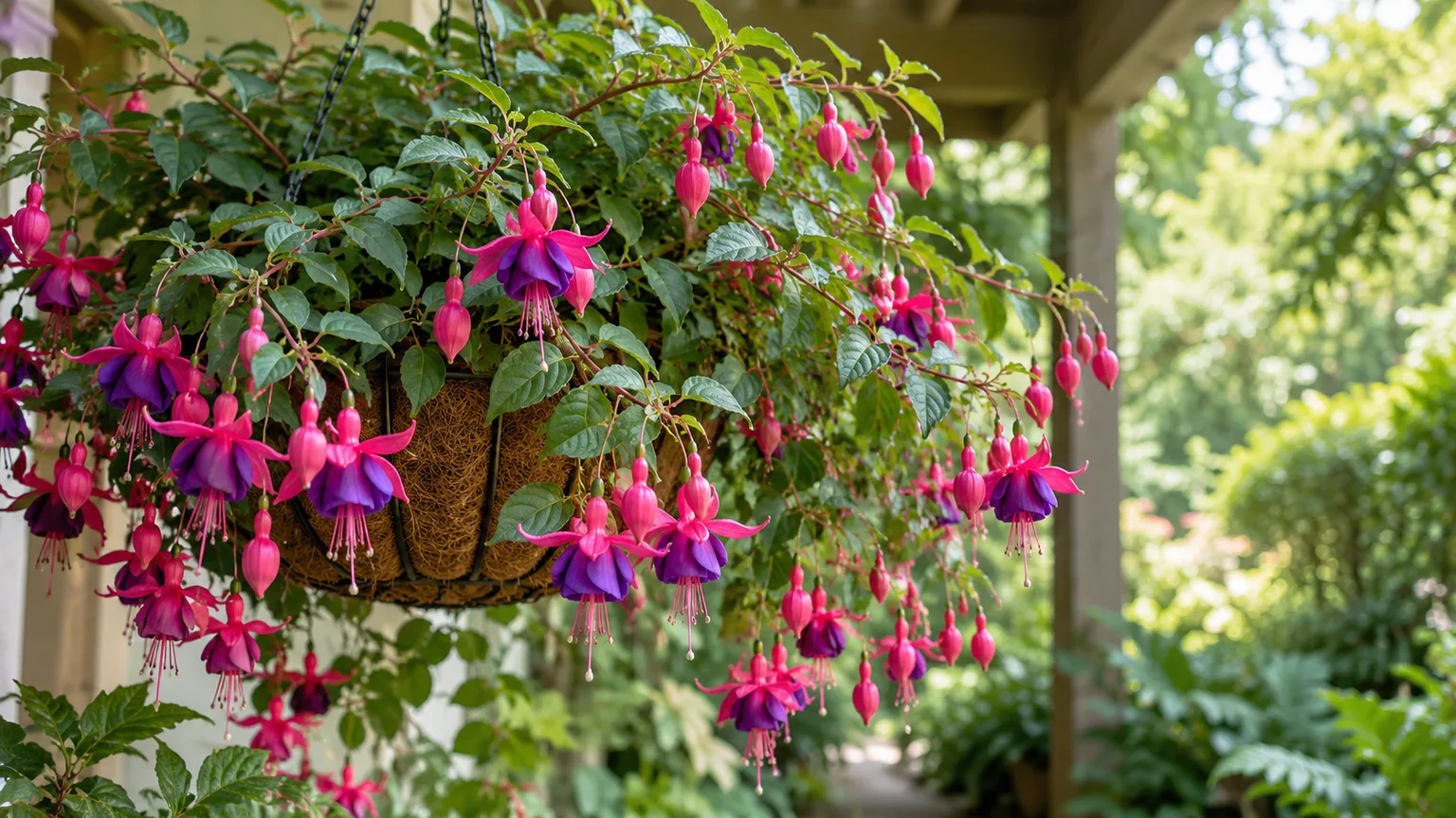 Hanging two-tone Fuchsia flowers in a shaded basket