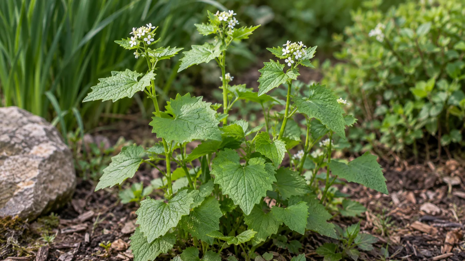 A small garlic mustard plant with toothed leaves and white spring flowers
