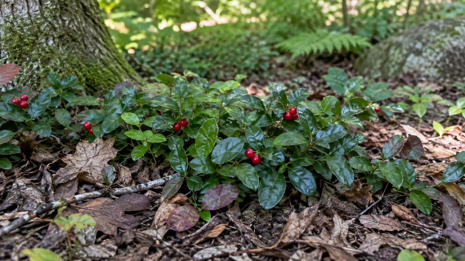 Low American wintergreen groundcover with glossy leaves and red fruits on a woodland floor