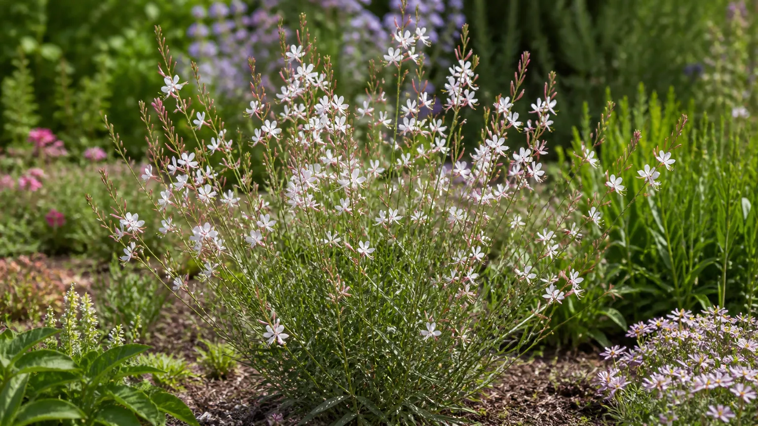 Healthy gaura with airy white and pink flowers in a sunny garden border