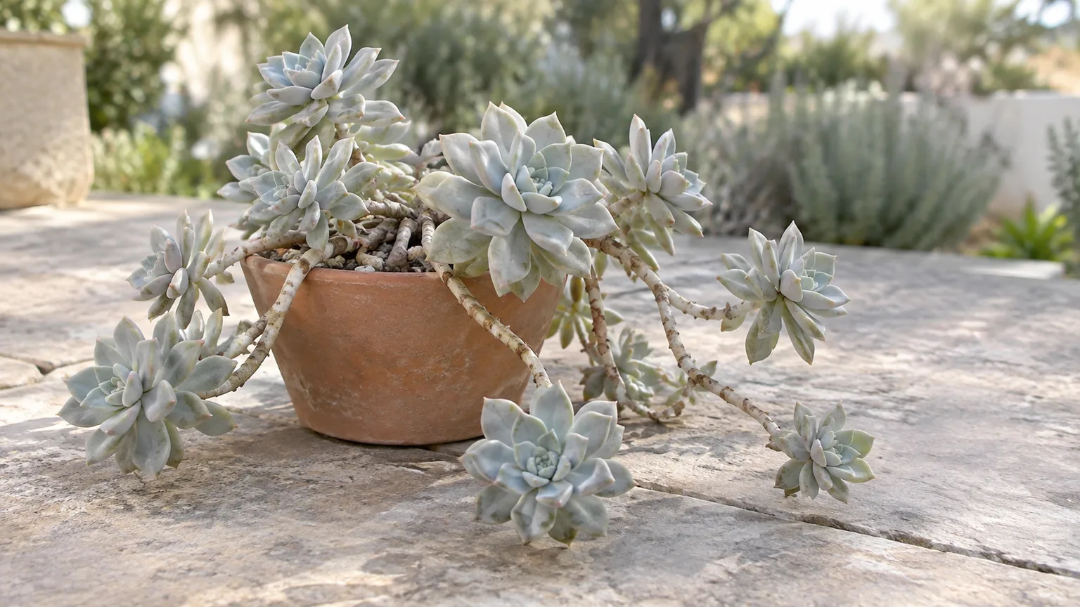 Healthy ghost plant with powdery gray-blue rosettes trailing from a terracotta pot