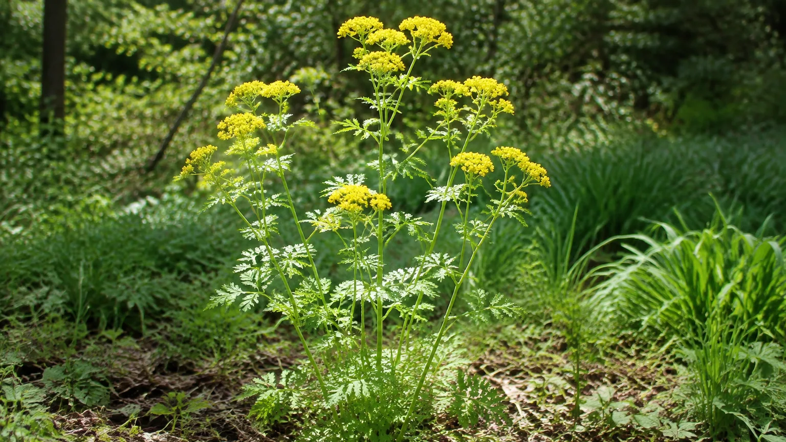 Healthy Golden Alexander with yellow flower umbels in a native woodland-edge garden