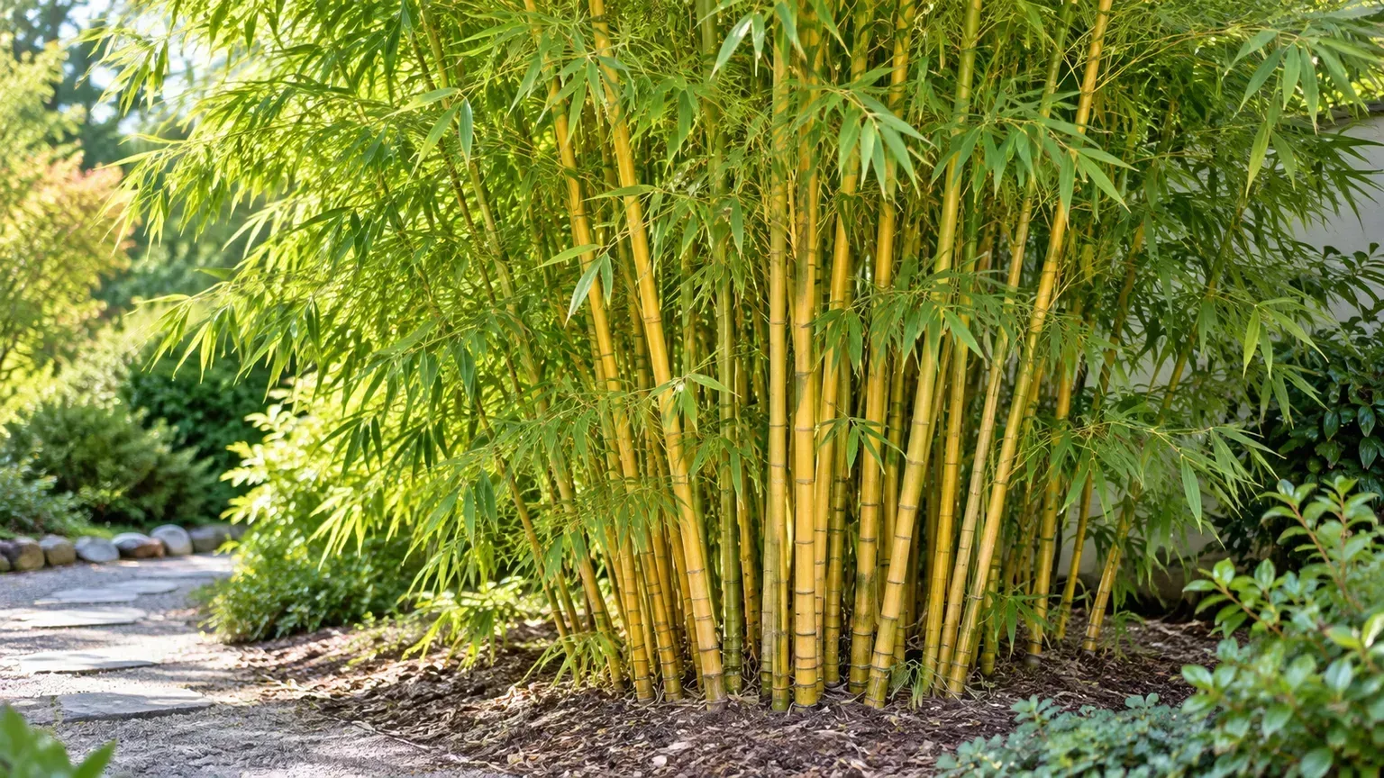 Golden bamboo with upright golden canes and fine green leaves