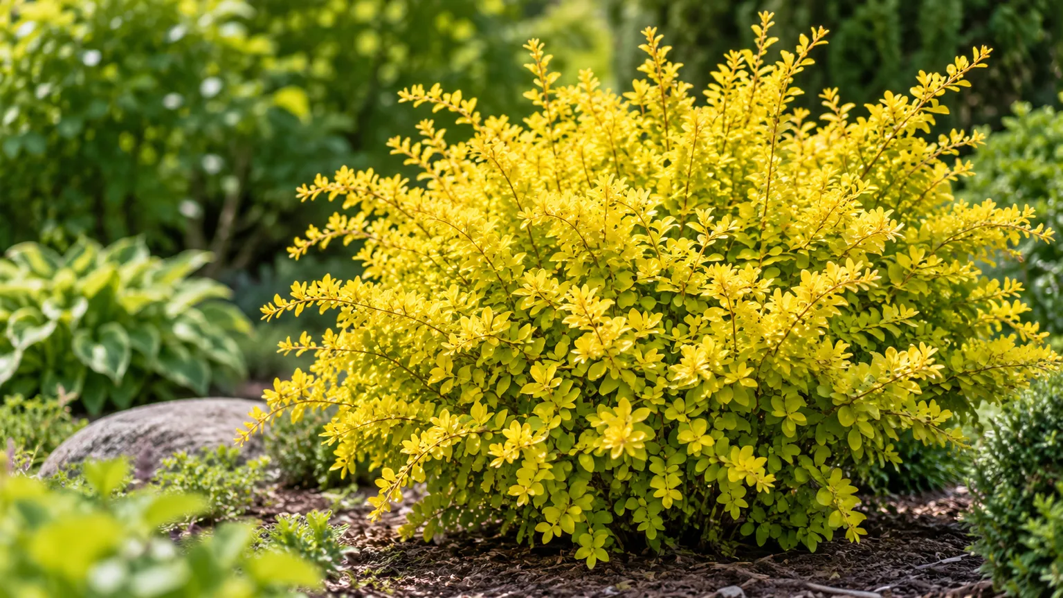 Healthy golden-yellow foliage on Berberis thunbergii Aurea in an outdoor garden border