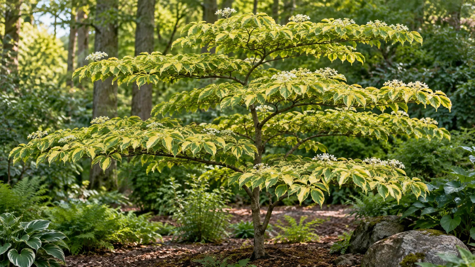 Golden Shadows pagoda dogwood with layered branches and variegated golden foliage