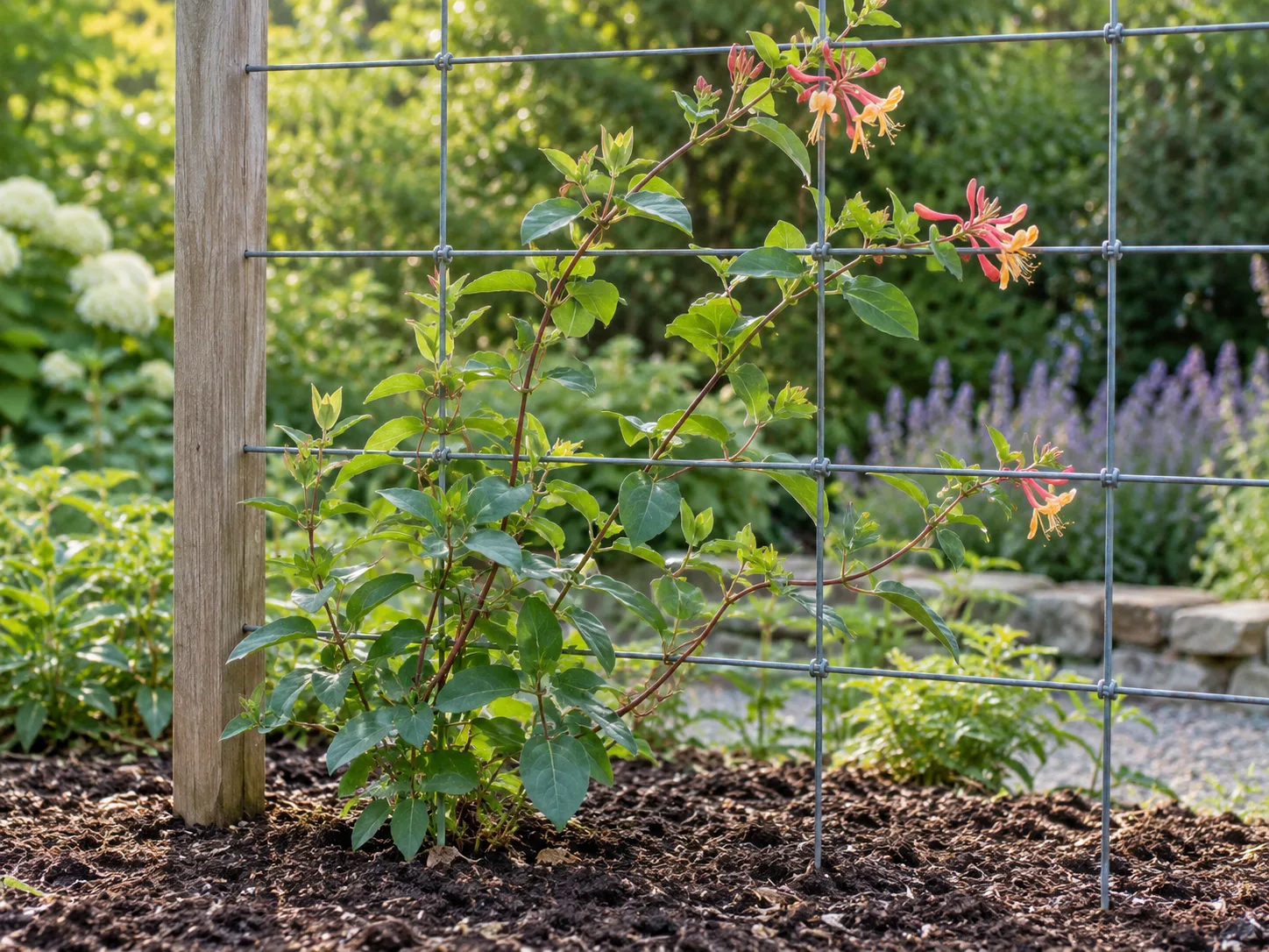 Young Goldflame honeysuckle trained on a garden support