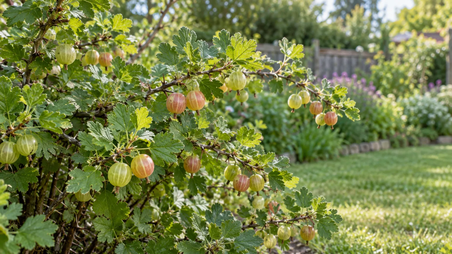 Healthy gooseberry shrub with arching thorny stems, green leaves, and green-to-pink berries