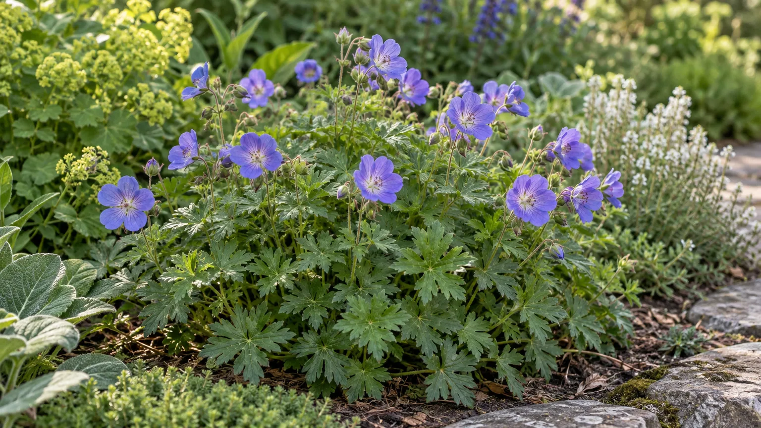 Hardy cranesbill geranium with lobed leaves and violet-blue flowers in a garden border