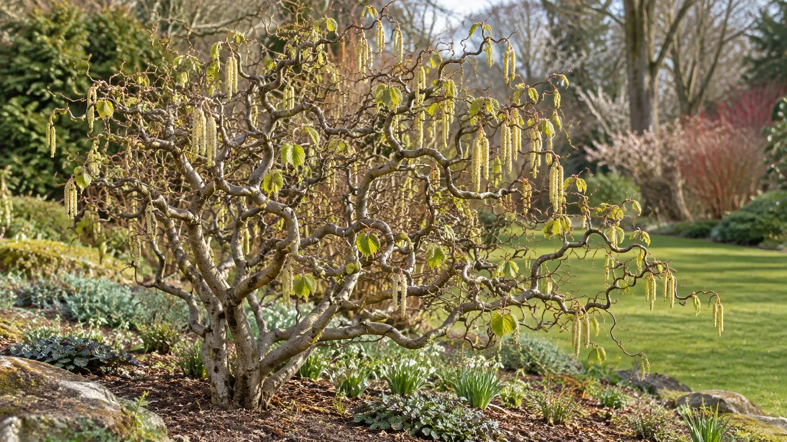 Harry Lauder's walking stick with twisting branches and yellow catkins in a garden