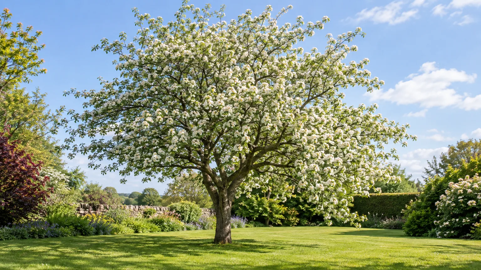 Mature hawthorn tree with lobed green leaves and white spring flowers in a sunny garden
