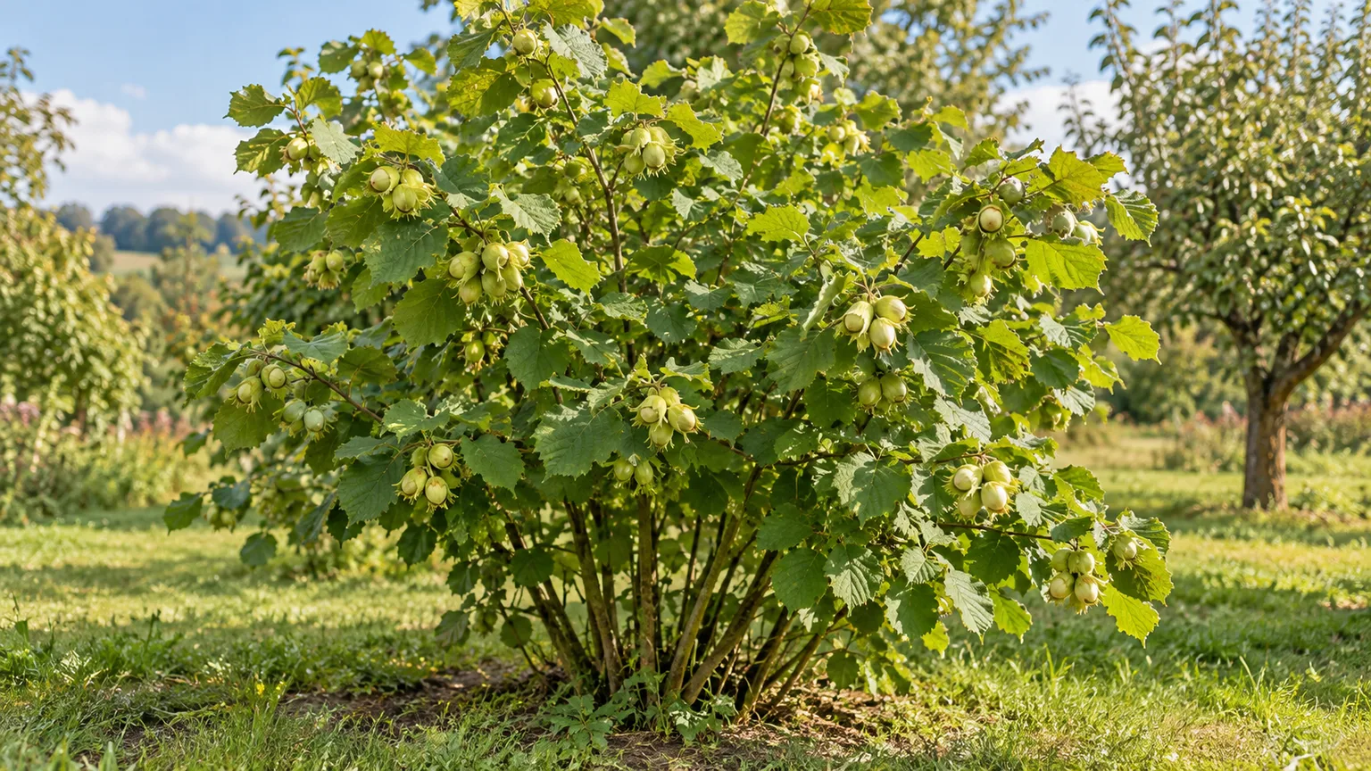 Healthy European hazelnut shrub with green foliage and developing nut clusters in a sunny home orchard